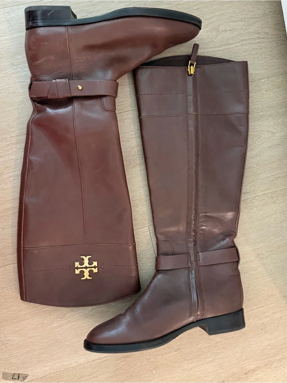 Tory Burch Chestnut Brown Leather Tall Riding Boots with Gold Logo